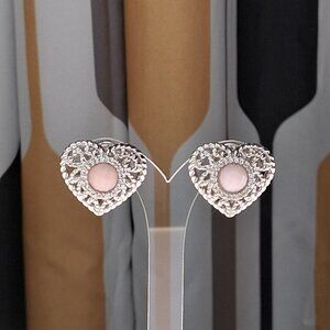 Judith Ripka Heart Earrings Pink Opal Filigree Sterling Silver CZ Halo NEW